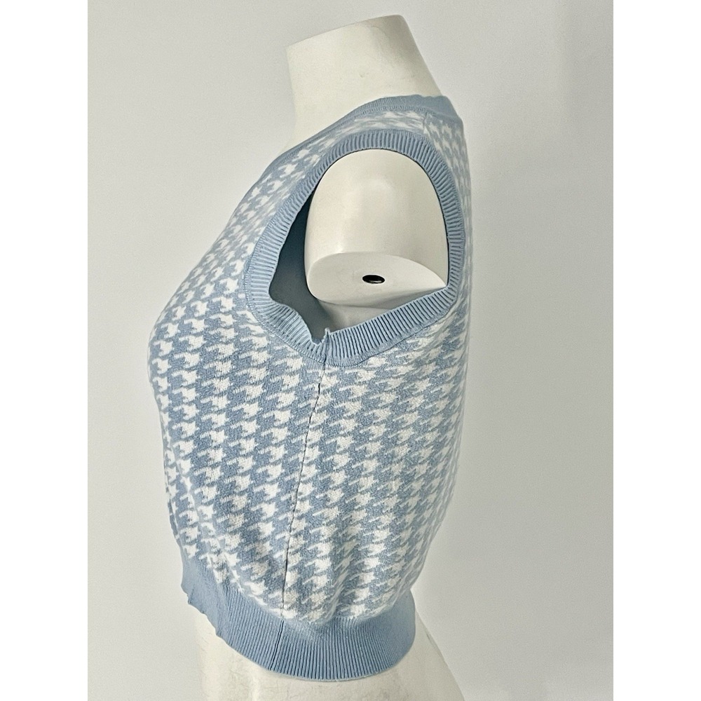 Women's Pastel Baby Blue Houndstooth cropped Sweater Vest Knit Small White - Picture 3 of 8